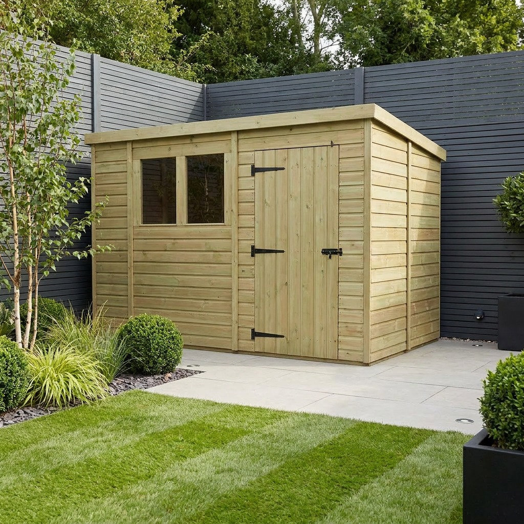 Total Sheds 11ft x 9ft Pent Garden Shed - Single Door - With Windows - Pressure Treated Timber - UK Manufactured