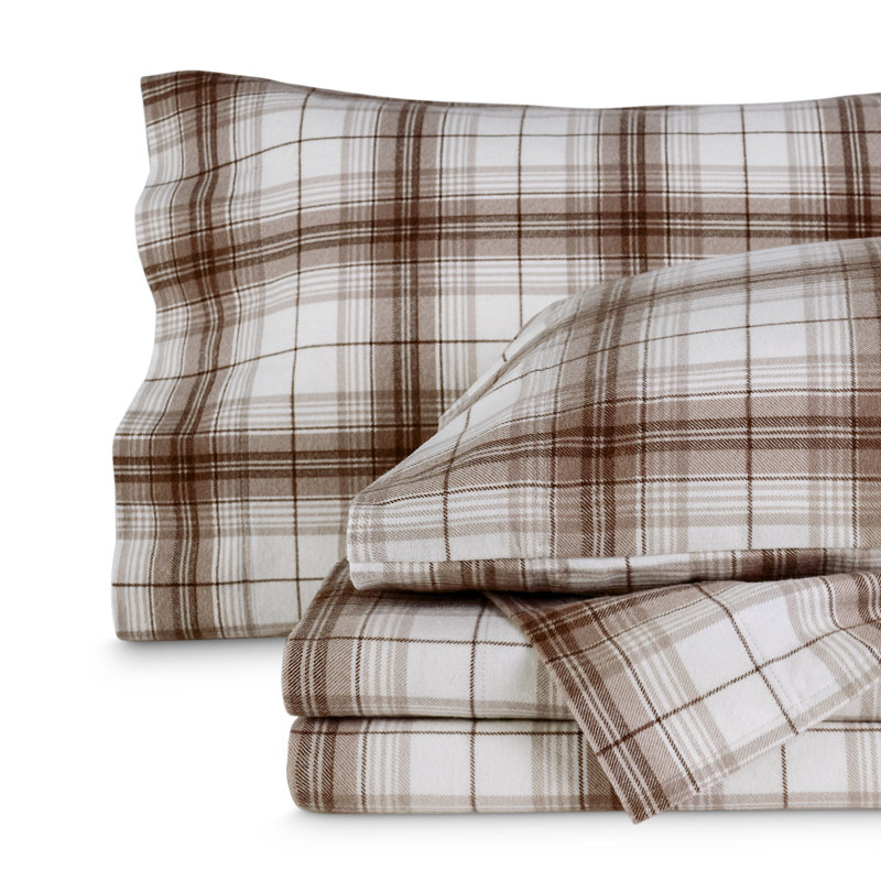 100% Cotton Flannel Sheet Set, Queen Sheet Set with 2 Pillowcases, Neutral Chesapeake Plaid