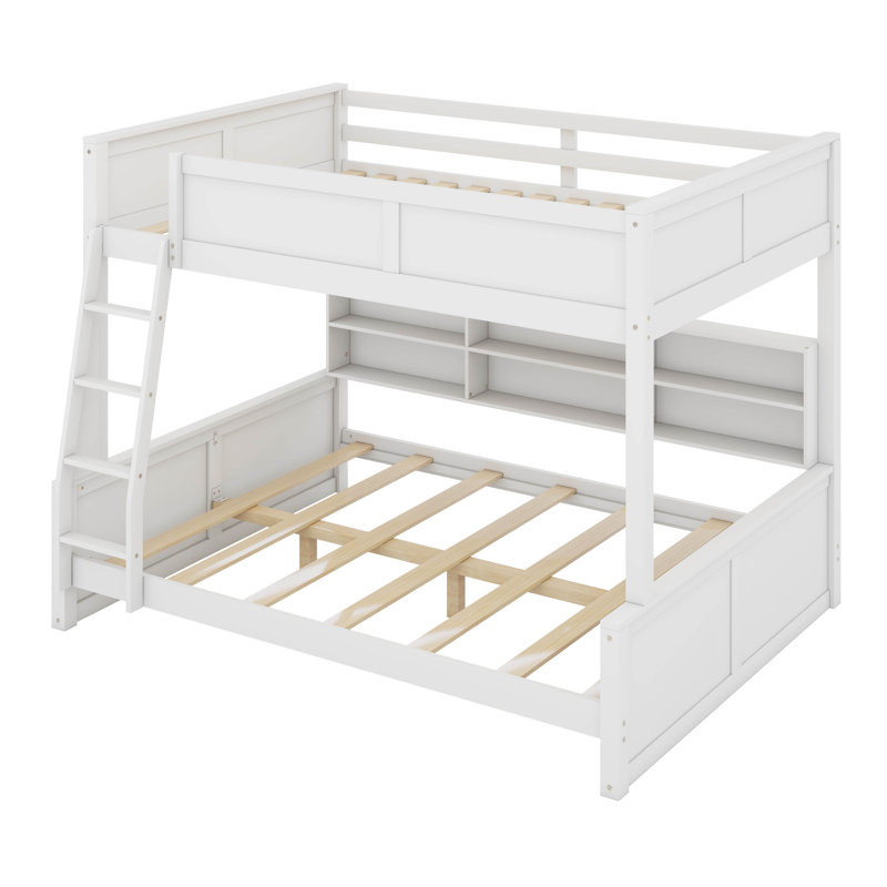 Lit double superposé au-dessus de grand lit double avec rangement, Blanc antique
