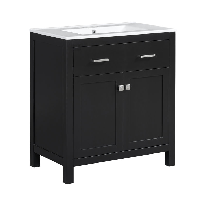 Meuble-lavabo de 30 po avec lavabo en céramique, armoire moderne noire, 2 portes et tablette en U pour lavabo pratique, style, réglable