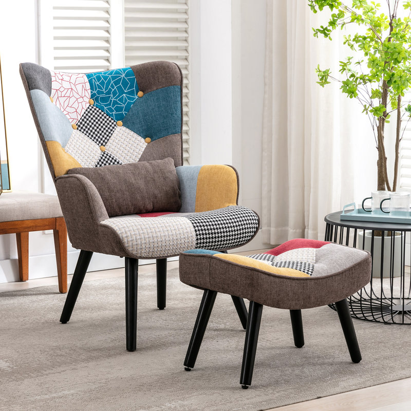 Kade Upholstered Armchair with Footstool, Brown Multicolour