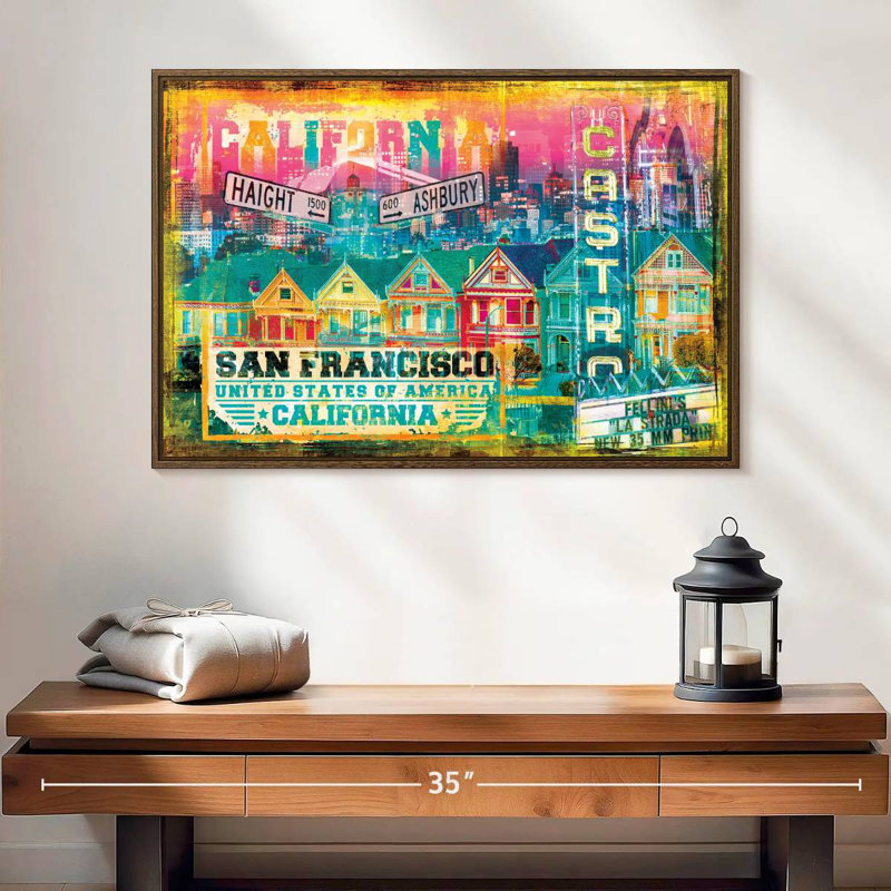 Banlieue de San Francisco, grunge, 25 po x 17 po, Cadre flottant noyer
