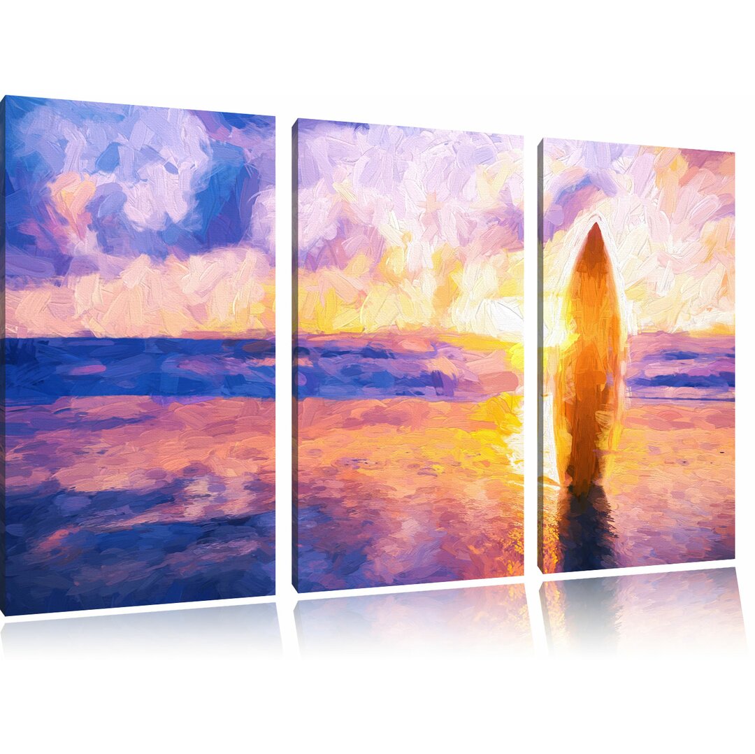 3-tlg. Leinwandbilder-Set „Surfbrett am Strand bei Sonnenuntergang“, Grafikdruck