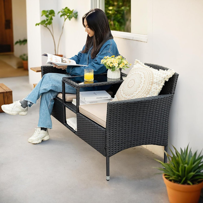 Causeuse d'extérieur en osier 2 places avec table intégrée et coussins Banc de véranda en rotin pour balcon, pelouse, cour arrière (beige)