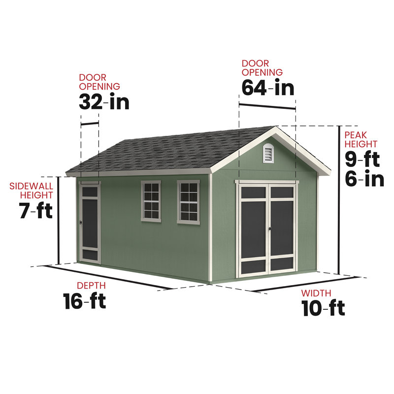 Fairfax Wood Storage Shed, 16 ft. W x 10 ft. D, With Floor (DIY Assembly), 16' L x 10' W, No