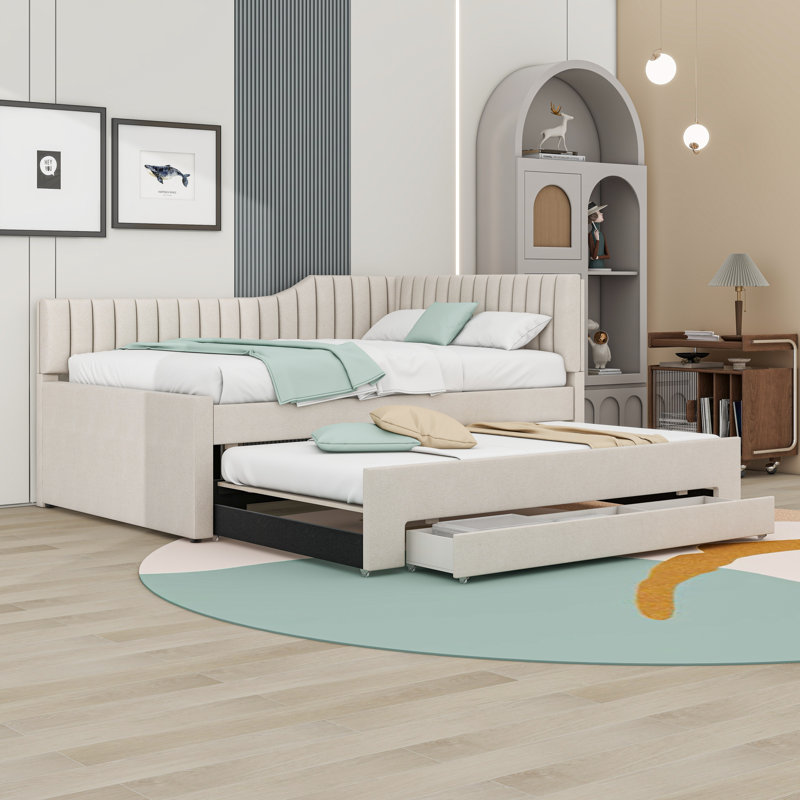 3 Drawers Upholstered Daybed with Twin Trundle, Beige, Full/Double