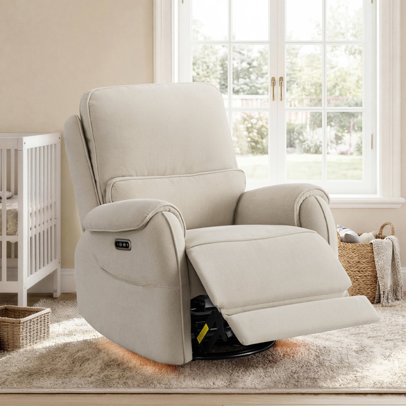 270° Swivel Glider Velvet Power Recliner With Ambient Light And USB Charging, Sand