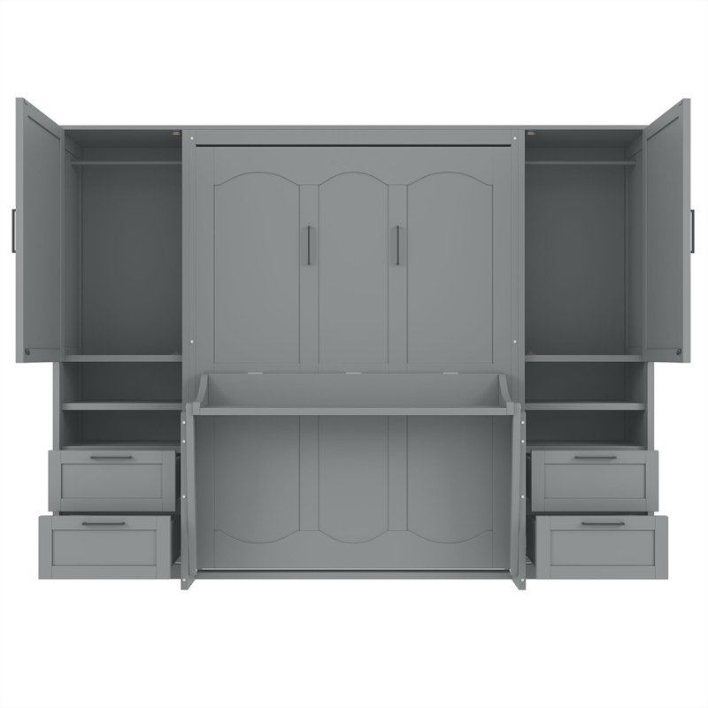 Lit escamotable double pleine grandeur avec placard, tiroirs et tablettes, Gris