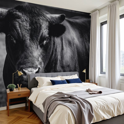Peel and Stick Wallpaper Black Angus Bull black white Cattle Animal Wall Murals 69"H x 96"W Removable PVC Wall Paper Self-Adhesive Wall Decor for Bedroom Living Room Home Office