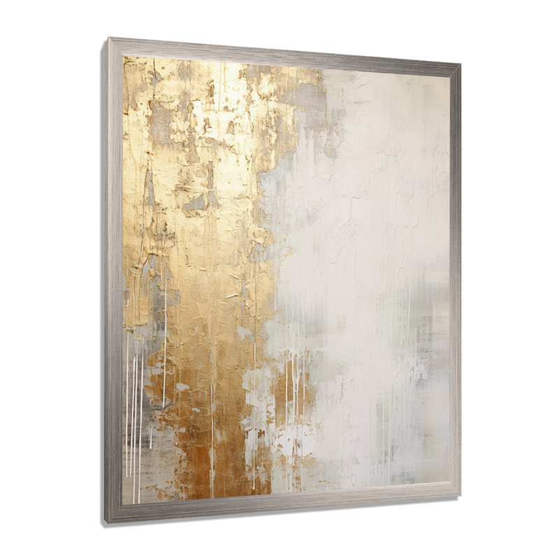 «Minimal Gold and Beige Abstract River III - Northern Lights», reproduction d'art murale, H 32 po x l 16 po, Argent argent