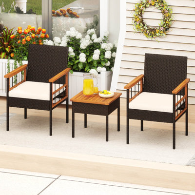 3 PCS Wicker Furniture Set with Acacia Wood Tabletop Armrests Cushions for Backyard
