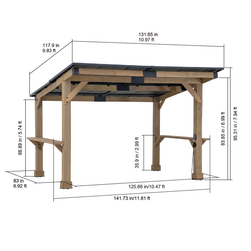 Sunjoy Wooden Grill Gazebo 10 ft. x 12 ft. Outdoor Cedar Frame BBQ Gazebo, Backyard Hot Tub Gazebo with Metal Hardtop Roof, Exclusive PowerPort and Bar Shelves
