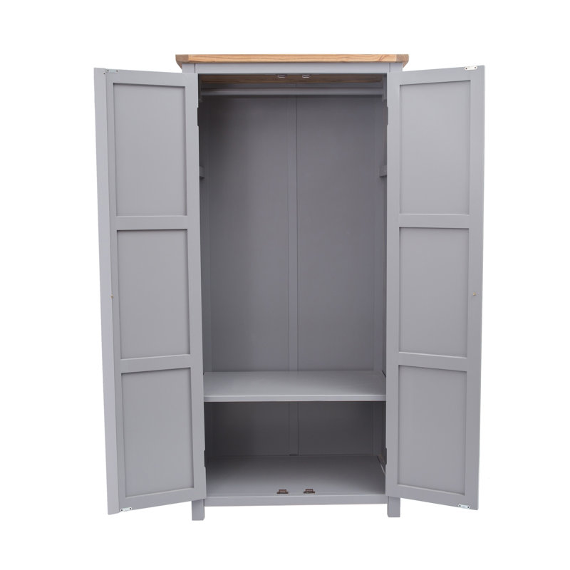 2 Door Solid + Manufactured Wood Wardrobe, Grey/Oak/Antique Brass