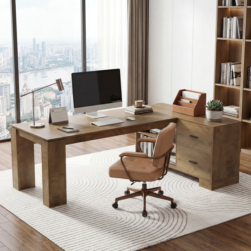 78.74 in. L Shaped Executive Desk with 2-Drawer, Large Computer Desk with Storage and Shelves for Office