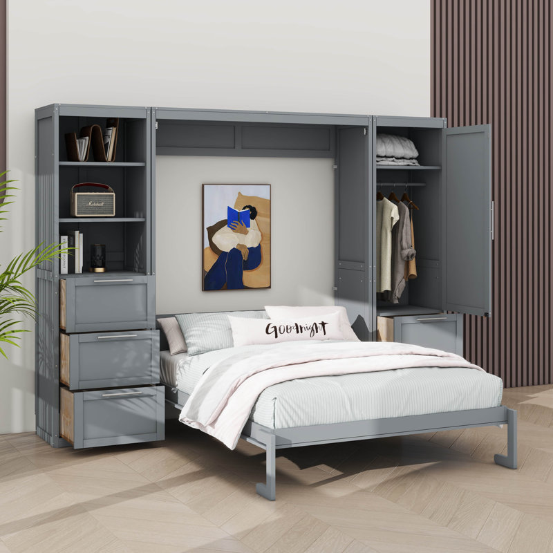 Queen-Sized Murphy Wall Bed With Integrated Closet Space, Gray