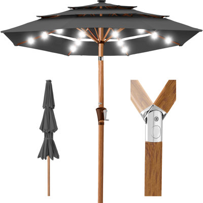  Woodgrain Pattern 10Ft 3-Tier Solar Patio Umbrella W/ 24 LED Lights, Tilt - Gray