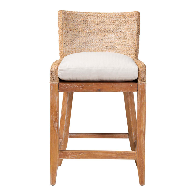 Bali & Pari Ridley Seagrass Counter Stool With Mahogany Wood Frame - Coastal Seating With Woven Square Back And Cushioned Seat For Kitchen Island Or Breakfast Bar, Whitewash