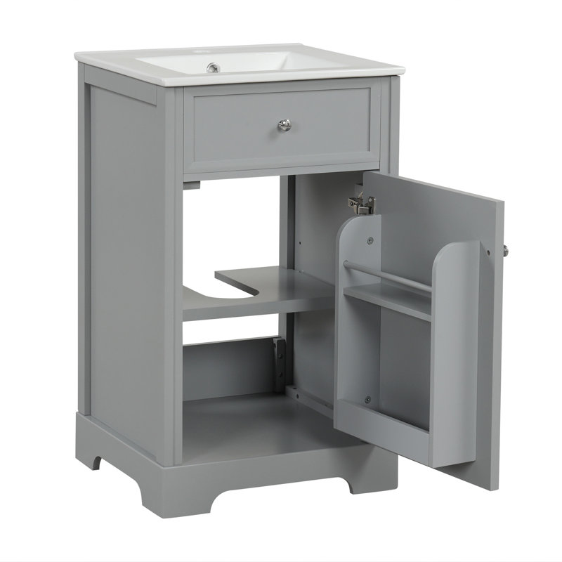 Meuble-lavabo de 20 po avec lavabo, armoire de salle de bain avec porte à fermeture douce, support de rangement et tablette réglable, gris
