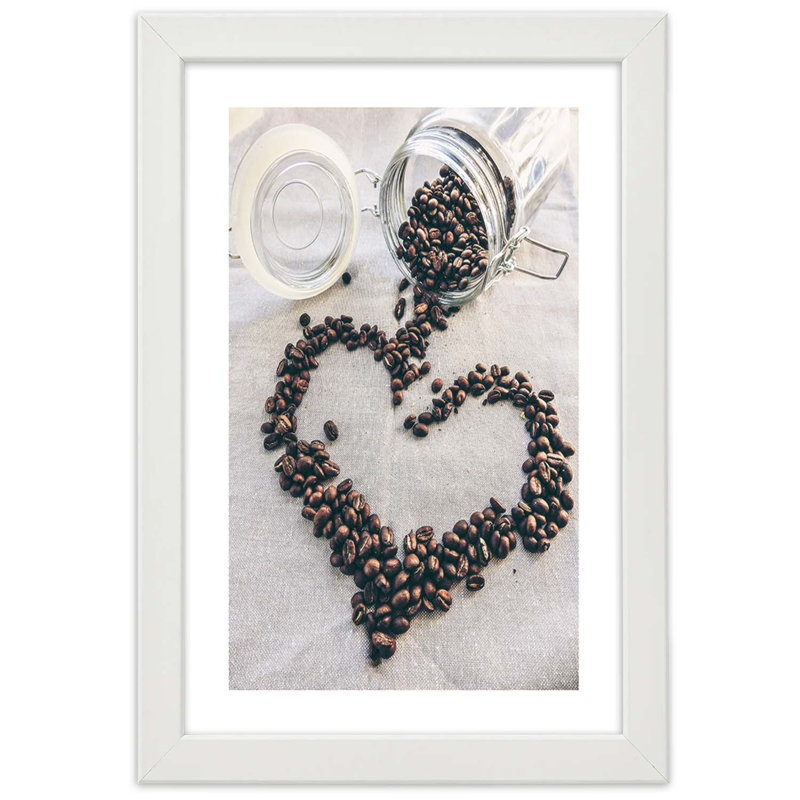 Coffee Heart Bean - Single Picture Frame Print, White, 90cm H x 60cm W