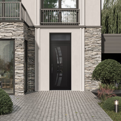 C12 Right-Hand 36 In. X 96 In. Panel Black Steel Black And Black Mirrored Glass With Transom Mirrored Glass Prehung Front Entry Door