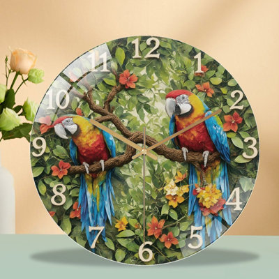 Horloge murale avec perroquets sur branche - horloge murale moderne en verre 12 po