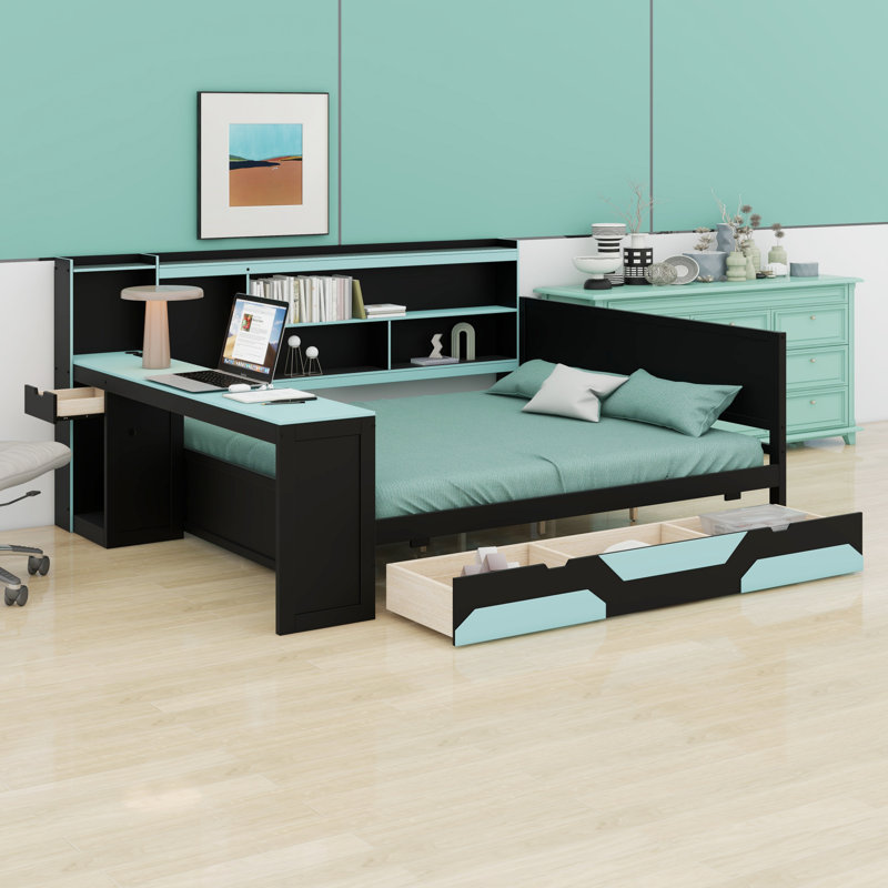 Gaming Style Daybed with LED Lights, Built-in Desk and 3 Storage Drawers, Black+Blue, Queen