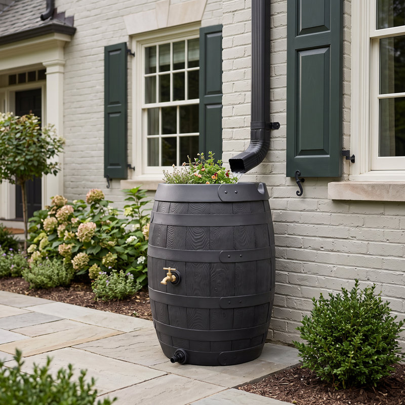Baril d'eau de pluie 50 gallons Heritage avec détails en bois fabriqués à la main et dessus de jardinière, Black