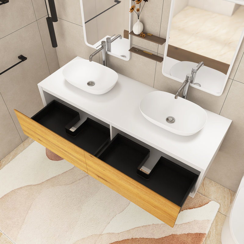 63 In. W X 21.7 In. D X 15.7 In. H Double Sinks Wall Mounted Bath Vanity In F.Oak With White Solid Surface Top