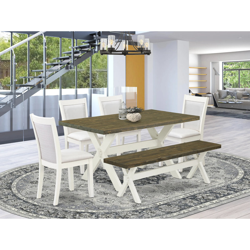 6 Piece Dining Room Table Set Contains a Rectangle Dining Table with X-Legs and 4 Cream Linen Fabric Parson Chairs with a Bench, Wire Brushed linen white