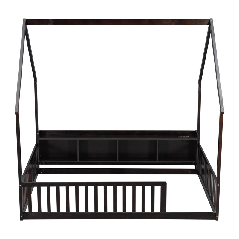 Lit de maison avec tablettes de rangement, lumières à DEL intégrées et station de charge, lit de plancher en bois de pin avec garde-corps de sécurité