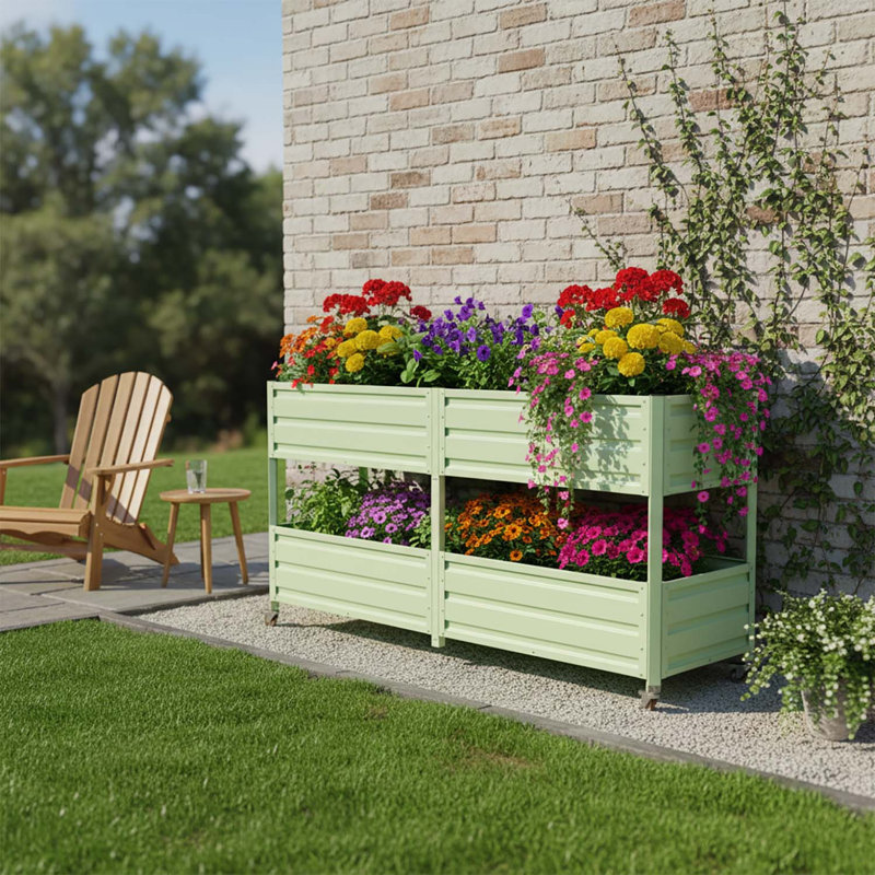 Lit de jardin surélevé en métal à deux niveaux et surélevé avec roues verrouillables, jardinière verte à 2 couches pour légumes, herbes et fleurs