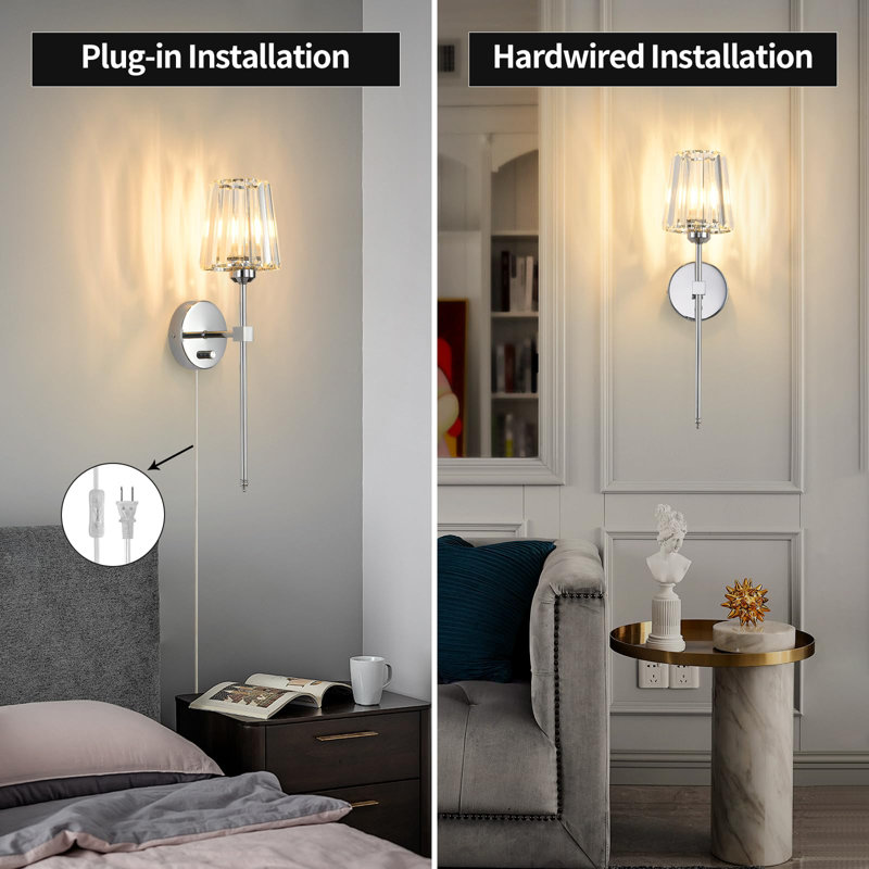 Set of 2 Crystal Wall Sconces, Dimmable Plug-in Wall Lights with Crystal Shade, Chrome