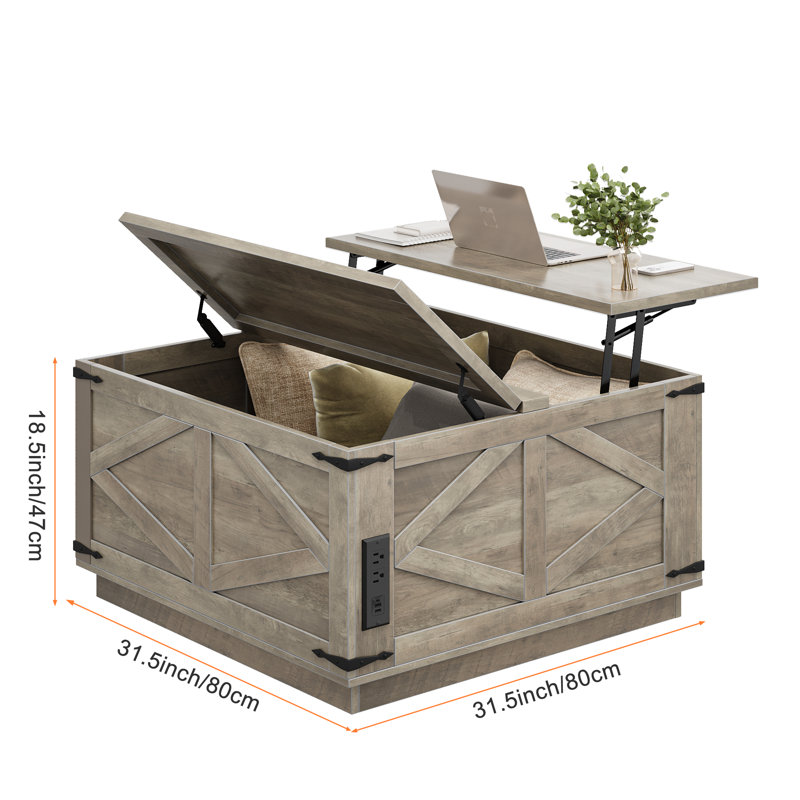 Farmhouse Lift Top LED Coffee Table With Storage, Gray Top/Gray Base