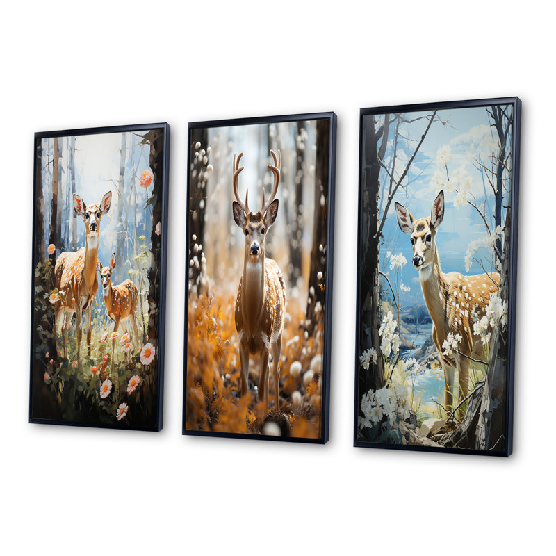 «Deer Graceful Fawn Pastoral», 3 pièces, Cadre noir, H 20 po x l 36 po