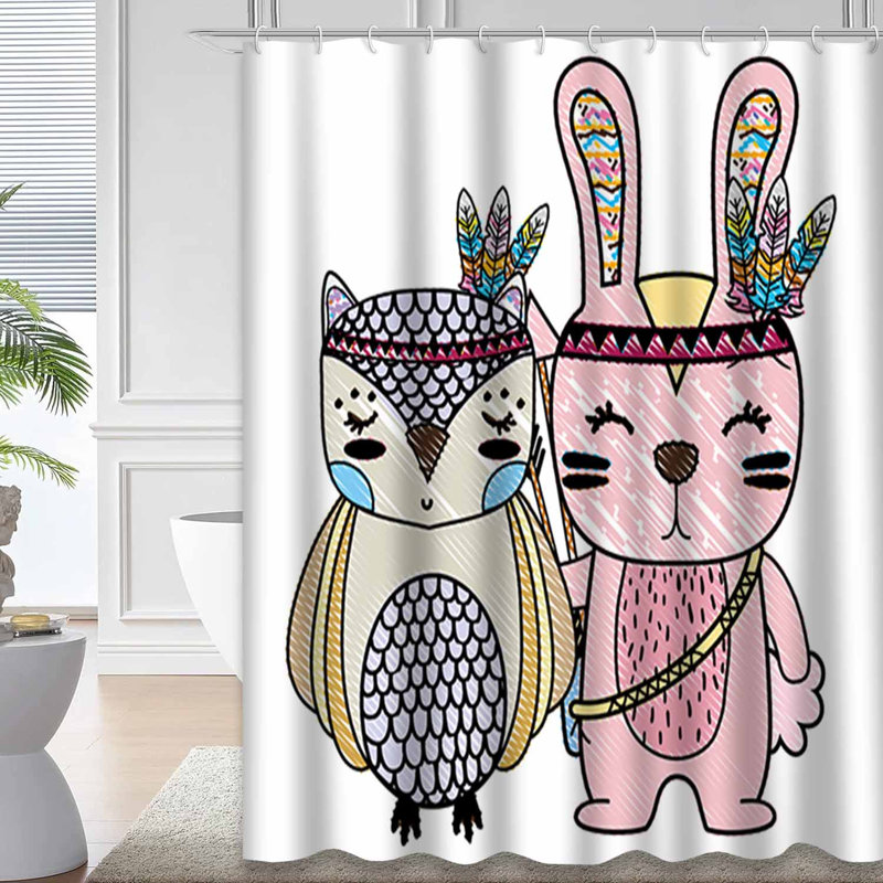 Rideau de douche avec 12 crochets Owl Rabbit Animals Feathers Adventure Art, L 72 po x l 84 po