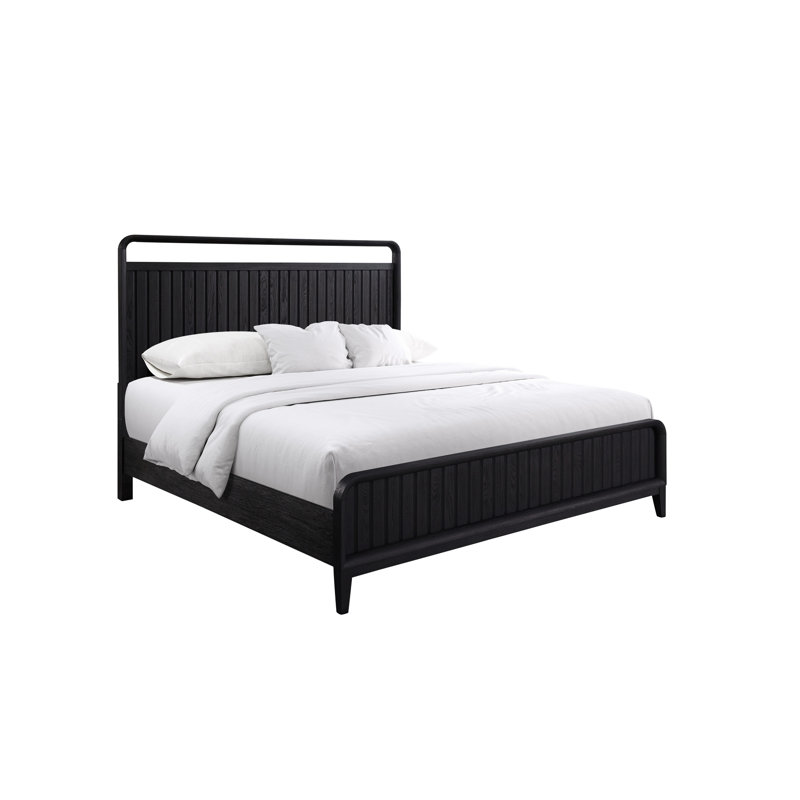 Très grand lit à panneau ouvert en finition grain de poivre, placages, bois massif et noir, P 86,42 po x l 83,05 po, H 59,21 po, 156,33 lb, avec tête de lit à motif de canaux avec placages de + 86 po de profondeur, 82 po de largeur
