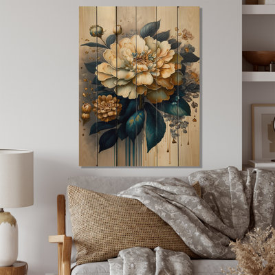 Fleurs de zinnia jaune foncé et bleues II - impression sans cadre sur bois