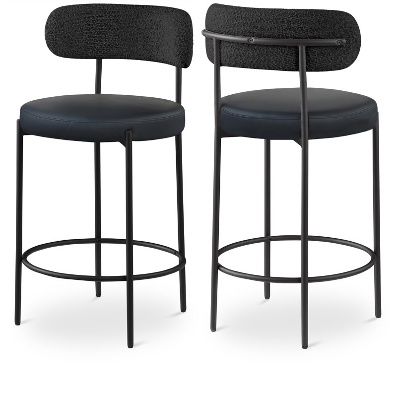 Tabouret de comptoir 26,5 po, Cuir vegan noir et tissu bouclé