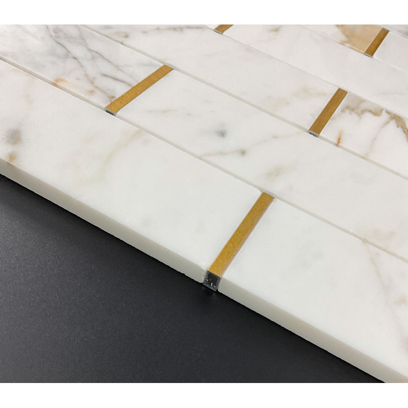 2" x 6" Marble  and Metal Mosaic Brick Pattern Wall & Floor Tile, Calacatta Gold/Gold