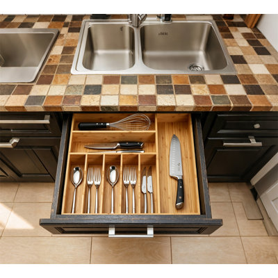 Large Kitchen Drawer Organizer Silverware Utensils Bamboo Flatware Holder Thick Frames