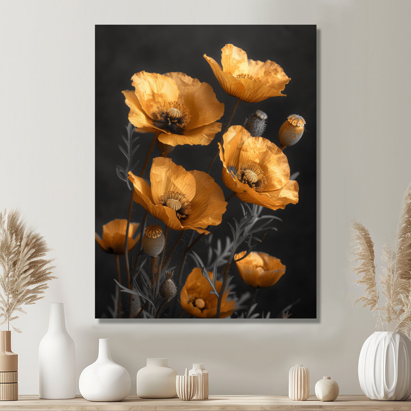 Or noir rétro Glamour Poppies - coquelicots, impression d'art mural, Toile tendue, H 44 po x l 34 po x P 1,5 po