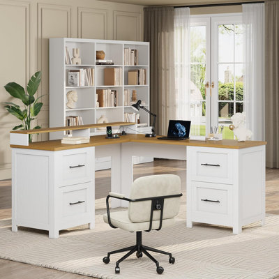Bureau de direction en L - Bureau d'ordinateur en coin de 63 po avec 4 tiroirs classeurs, support pour écran, prise de courant intégrée, grand espace de rangement pour le bureau personnel