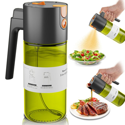 Vaporisateur et flacon doseur d'huile d'olive pour la cuisine, 500 ml (17 oz), en verre foncé | Vaporisateur et verseur 2 en 1, brume fine, étanche, opaque, large ouverture pour un remplissage et un nettoyage faciles, 8 étiquettes pour huile, réutilisable