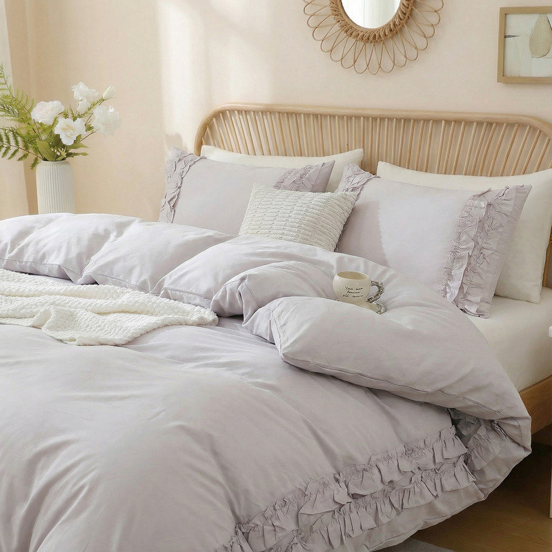 Ensemble d'édredon 100% coton à volants pour grand lit, beige et gris, Édredon grand et 2 taies d'oreiller, Beige gris