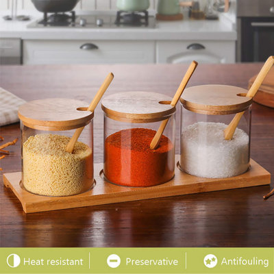 3 PCS Stylish Simple Condiment Canisters Pots Set, Decorative Storage Seasoning Glass Container Box With Bamboo Spoon Lid And Base For Home Kitchen Café Storing Salt Sugar Pepper Spice