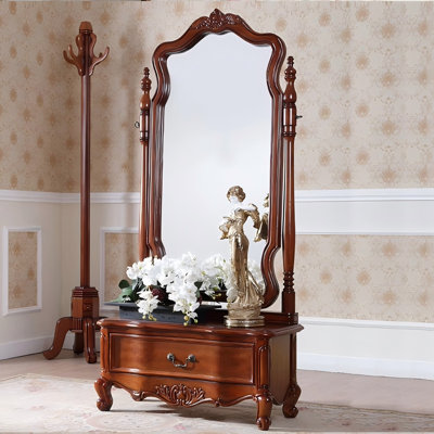Retro Solid Wood Dressing Mirror with Drawers