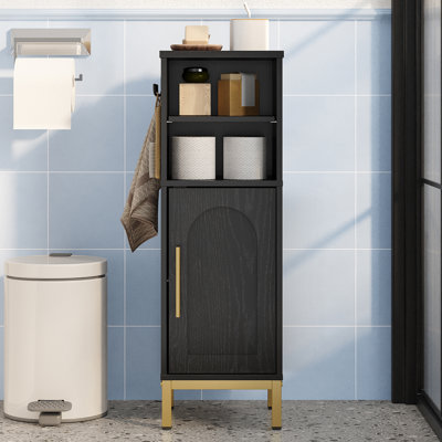 Small Bathroom Storage Cabinet, Freestanding Bathroom Storage Unit with Door and Adjustable Shelf, Narrow Toilet Paper Cabinet with Open Storage Space, with Hooks