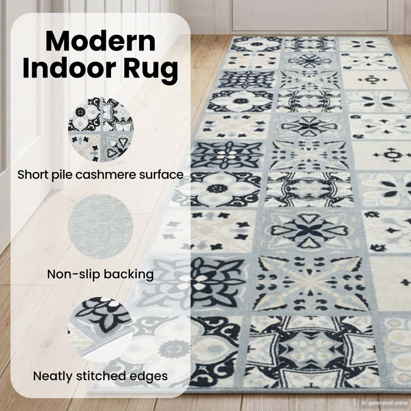 Floral and Geometric Area Rug, Black, Square 100 cm