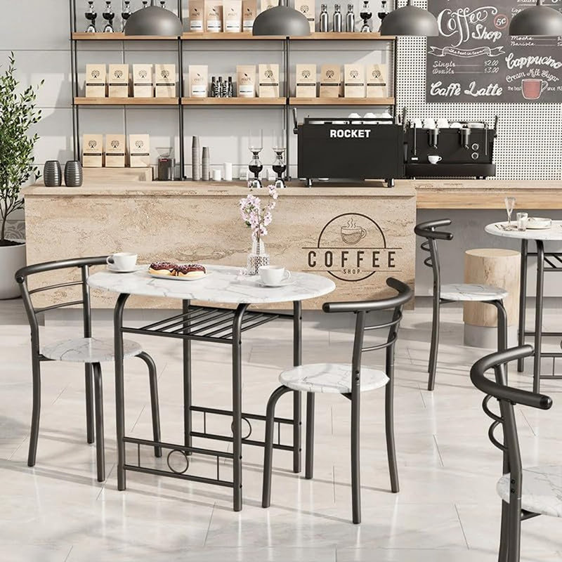 Ensemble de table de salle à manger 3 pièces en bois - Table ronde et 2 chaises avec structure en métal et support à vin intégré - Marbre blanc et noir