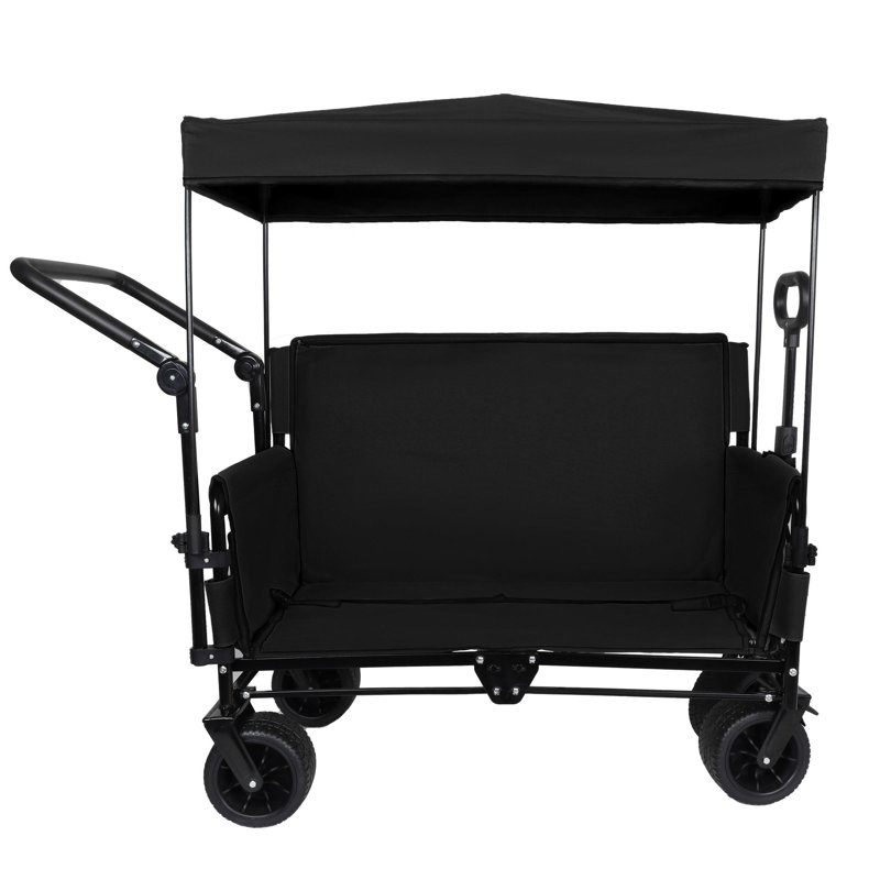 3-in-1 Folding Wagon Cart with Bench Seat & Canopy & Storage, Black